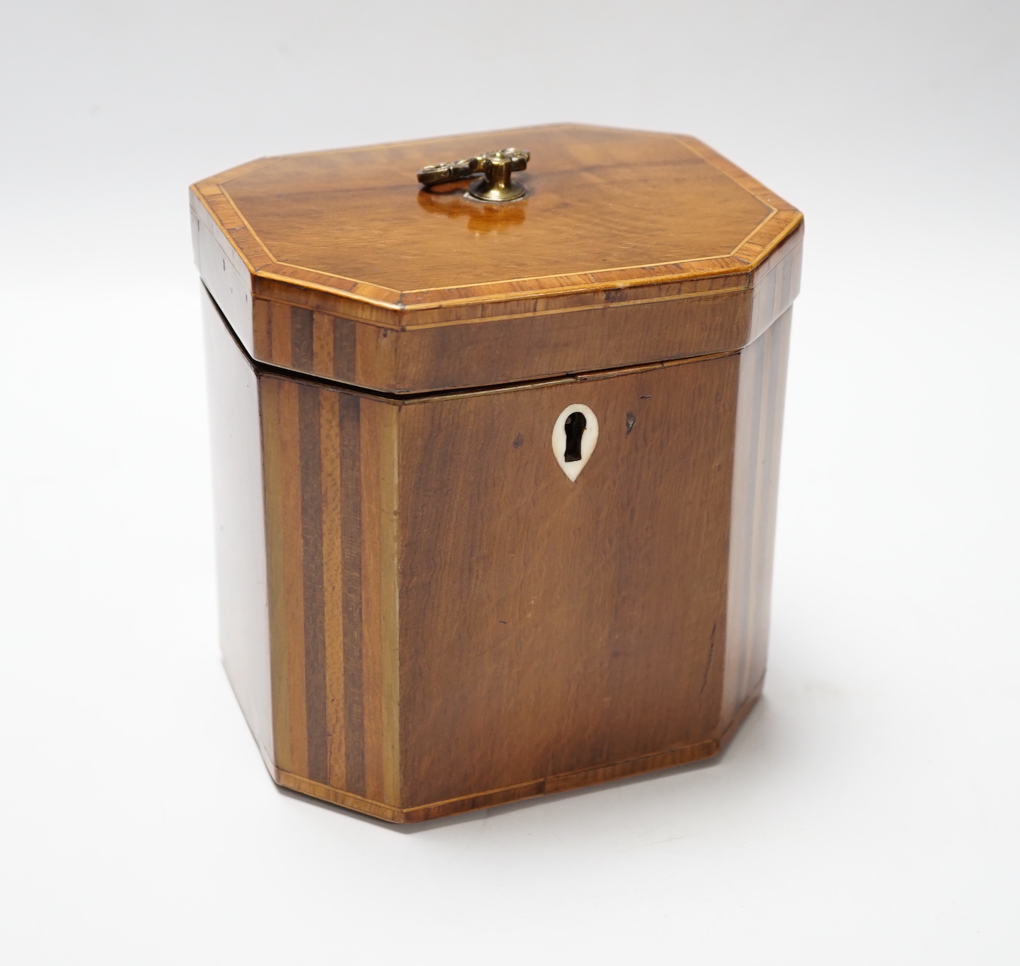 A Regency inlaid octagonal tea caddy and ivory escutcheon lock, 13cm high CITES Submission reference L5T8A768
